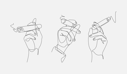 One line vector drawing of multiple hands with cigars. Editable illustration.