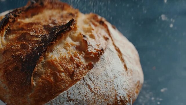 Close up of artisan sourdough bread with flour dusting on a dark background.