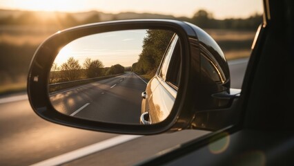 A car's side wing mirror reflects a scenic empty highway stretching into the distance during a golden sunset.