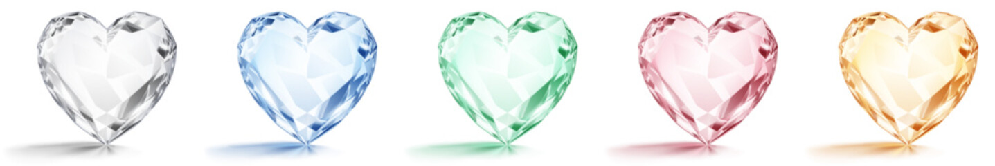 Five heart-shaped gems in different pastel colors, with subtle shadows and reflections on a white background, showcasing intricate facets and light refractions.