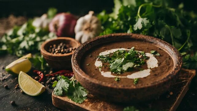 Aromatic Lentil Soup Garnished with Cream and Fresh Herbs in Rustic Bowl.