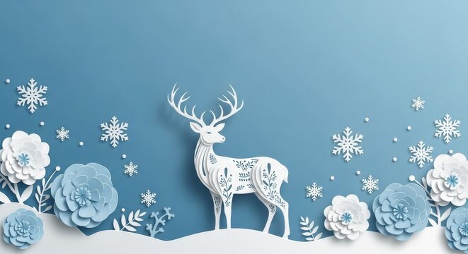 Delicate cut-out designs adorn the body of the deer, adding elegance to the winter holiday composition. - Powered by Adobe