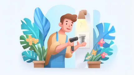 A cheerful character holding a tool near a light switch, surrounded by vibrant plants and flowers.