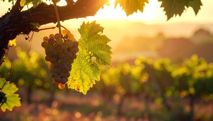 Sunlit vineyard with a cluster of ripening grapes at sunset