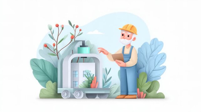 A cartoon-style construction worker in a hard hat points at a small building with plants around it.