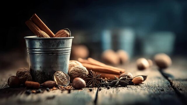 A Rustic Gathering of Warming Spices and Nuts for Culinary Delights.