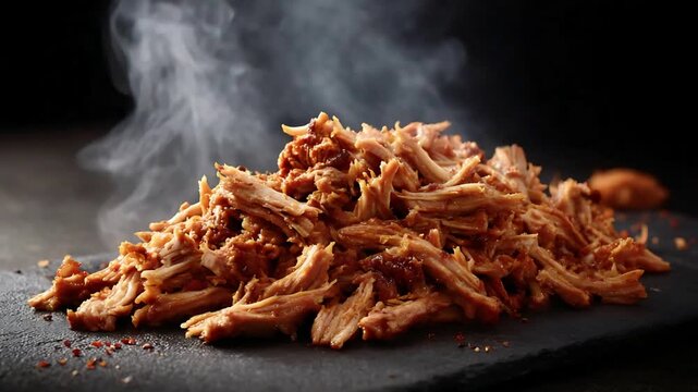A Close Up of Steaming Pulled Pork Generously Coated in Sauce.