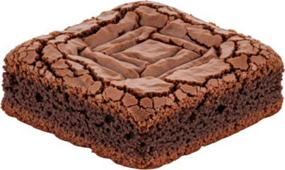 A single square chocolate brownie with a cracked patterned top and dense crumbly texture isolated on black dessert pastry sweet baked food confectionery transparent background