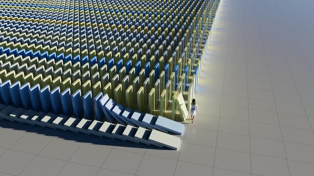Woman walks forward while repeatedly pushing down rows of enormous domino like objects, creating a chain reaction with each push.