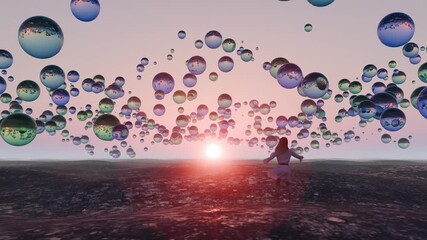 3d rendered animation of a barefoot woman wearing a white dress at sunset or sunrise surrounded by a surreal green and blue floating orbs.  Her spread out arms are welcoming the sight.