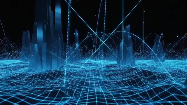 Dynamic abstract visualization of a glowing digital network, showcasing intricate data streams and towering information structures within a futuristic technological landscape