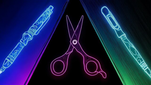 Neon outlines of scissors and pens within a triangle with gradient colors