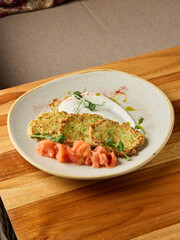 Delicious breakfast presentation, Appealing weekend breakfast plate with smoked salmon and vibrant garnishes