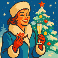 Happy New Year! Woman wearing winter coat and furry hat eating red caviar sandwich and drinking champagne from slender flute on winter night background with New Year tree. Retro festive poster