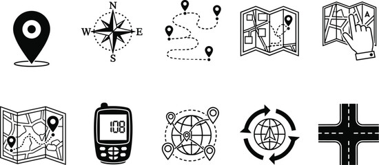 GPS and Navigation Black Icons, Flat Vector Illustration, Representing Map, Compass, Location Pin, Route, Direction, Global Travel, and Road Network. © Sohan Creatives
