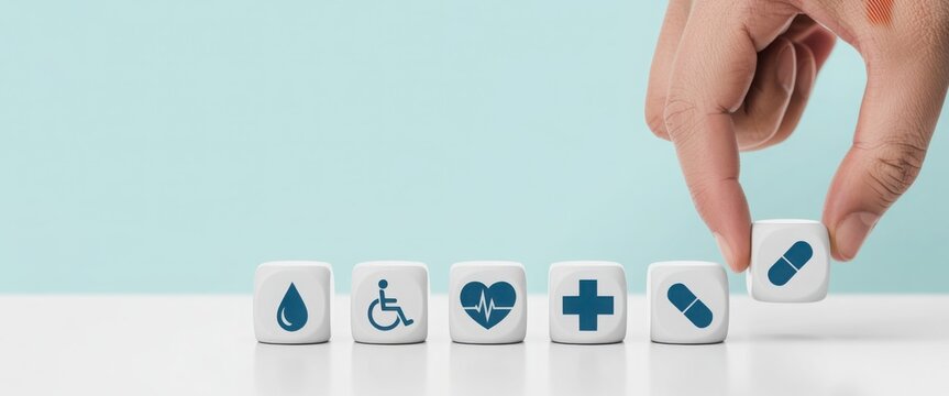 Health and Wellness Symbol: A hand carefully selects a medical symbol from a set of six, representing healthcare choice and holistic wellness. A clean and modern composition with clear messaging. 