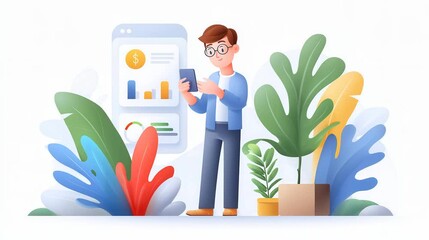A young man stands with a smartphone in a modern office, analyzing data graphs with colorful plants around. - Powered by Adobe