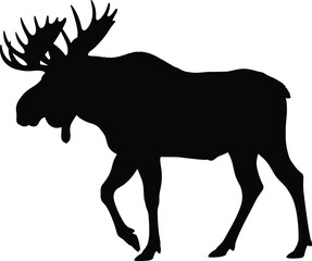 Moose silhouette, black and white vector, walking profile view, antler wildlife icon, forest animal design, minimal nature graphic illustration