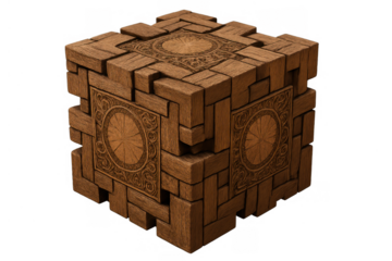 Ornate wooden puzzle box with intricate carvings representing mystery, challenge, and hidden secrets on transparent background