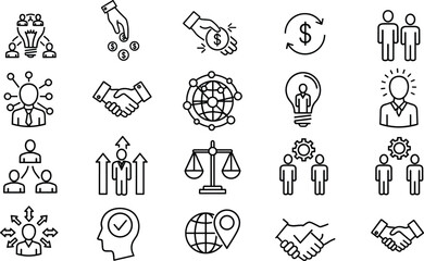 Teamwork, Management, and Corporate Line Icons Set, Partnership, Global Business, Idea, and Financial Transaction Outline Vector Collection
