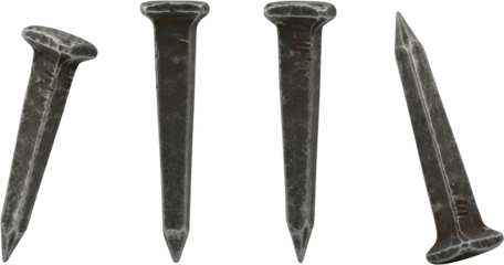 Four antique rough square headed iron nails with pointed ends arranged from left to right in varying positions isolate antique nails old nails square head nails