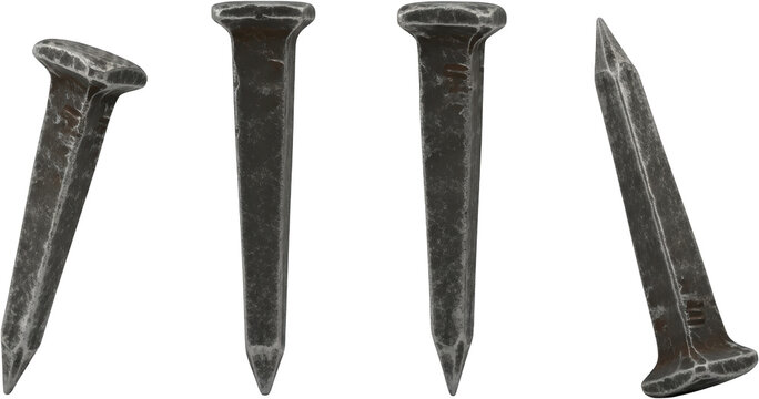 Four antique rough square headed iron nails with pointed ends arranged from left to right in varying positions isolate antique nails old nails square head nails