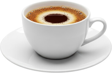 Fototapeta premium A white ceramic coffee cup filled with dark steaming coffee and a frothy surface placed on a matching saucer isolate mug drink beverage hot caffeine breakfast