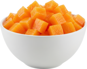 Bright orange cubes of cantaloupe melon fill a simple white ceramic bowl showcasing the fruit's texture and color Isolate Diced Food Fresh Healthy Sweet