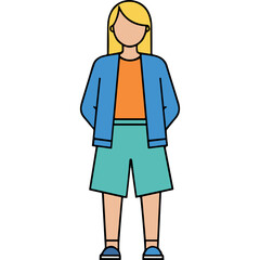 Full Body Portrait Of A Person Standing Wearing A Blue Jacket Orange T Shirt Teal Shorts And Blue Shoes Isolated On Black Background