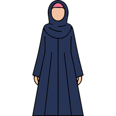 Full Body Portrait of a Person Wearing a Dark Blue Abaya and Hijab Standing Against a Plain Black Background Simple and Modest Islamic Fashion Attire Isolated Illustration