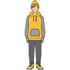Full Body Portrait of a Person Wearing a Yellow and Grey Hoodie and Matching Beanie and Pants with Sneakers Standing Against a Black Background Simple Graphic Illustration