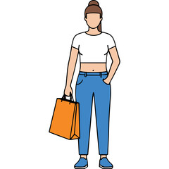Full Body Portrait of a Woman Holding an Orange Shopping Bag Wearing a White Cropped T Shirt Blue Jeans and Sneakers Against a Black Background