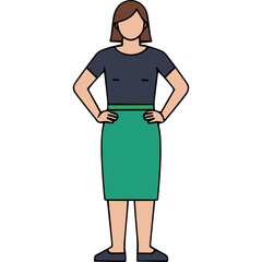 Full Body Portrait of a Woman in a Dark Blue T Shirt and Green Pencil Skirt Standing Confidently with Hands on Hips Against a Transparent Background