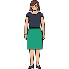Full Body Portrait Of A Woman Wearing A Dark Blue T Shirt And A Green Skirt With Round Glasses And Dark Brown Hair Standing Against A Black Background