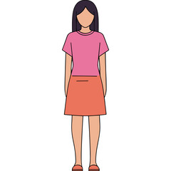Full Body Portrait of a Woman Wearing a Pink T Shirt and Orange Skirt Standing Against a Black Background Studio Shot