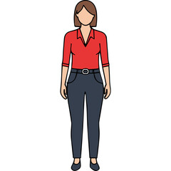 Full Body Portrait of a Woman Wearing a Red Collared Shirt Dark Blue Pants and Black Shoes Standing Against a Black Background