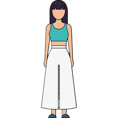 Full Body Portrait Of A Woman Wearing A Teal Crop Top And White Wide Leg Pants Standing And Facing Forward In A Simple Studio Setting Isolated On A Black Background