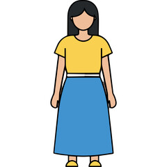 Full Body Portrait of a Woman Wearing a Yellow T Shirt and Blue Skirt Standing Against a Black Background Simple Flat Illustration