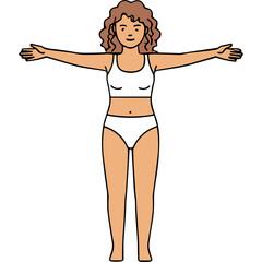 Full Body Portrait of a Woman With Arms Extended Wearing White Underwear Against a Black Background with Curly Brown Hair