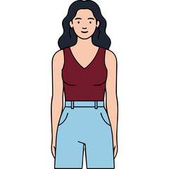 Full Body Portrait of a Young Woman Wearing a Maroon V-Neck Sleeveless Top and Light Blue High-Waisted Shorts Against a Black Background
