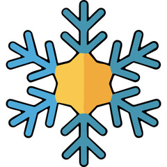 Geometric blue snowflake icon with yellow center on black background representing winter and cold weather perfect for graphic design and seasonal themes