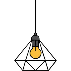 Geometric Diamond Shaped Pendant Light Fixture With A Single Yellow Incandescent Bulb Suspended By A Black Cord Against A Solid Black Background