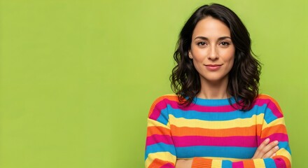 Fototapeta premium Smiling young adult woman with dark hair wearing a vibrant colorful striped sweater, arms crossed, standing confidently against a bright green background.