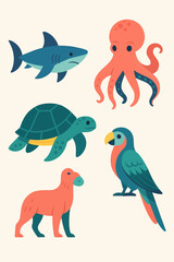 Fototapeta premium Simple Sea Animals Illustration Set with Fish Turtle Octopus and Bird