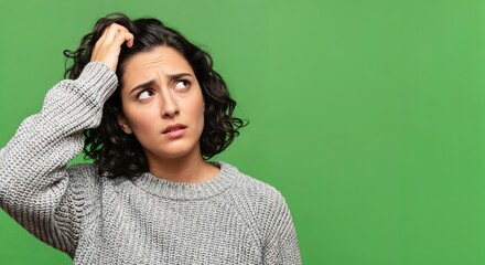 Young thoughtful woman with dark curly hair scratching her head, looking up with a confused or puzzled expression on a green background