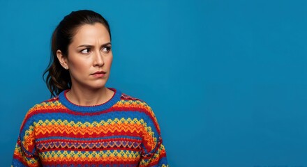 Pensive young adult woman with a furrowed brow looking sideways, dressed in a bright multi-colored knit sweater against a plain blue studio backdrop.