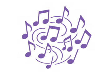 Purple musical notes forming a flowing design, representing melody, harmony, rhythm, and sound, on a transparent background