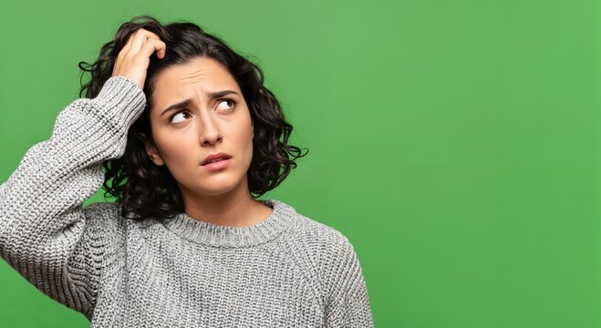 Young thoughtful woman with dark curly hair scratching her head, looking up with a confused or puzzled expression on a green background