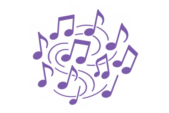 Purple musical notes forming a flowing design, representing melody, harmony, rhythm, and sound, on a transparent background - Powered by Adobe