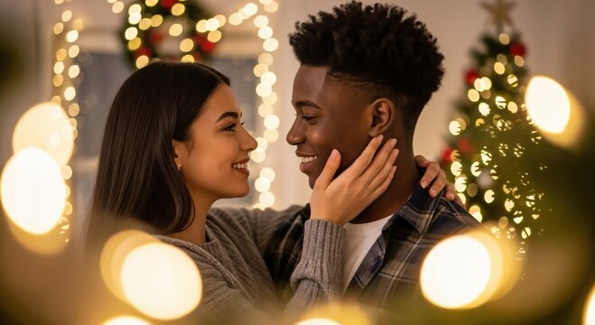 Happy young Black man and Hispanic woman embracing and smiling during Christmas holidays, surrounded by festive lights and a decorated tree, celebrating love and togetherness.